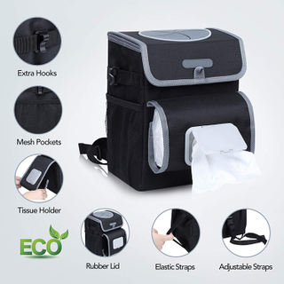Durable and Foldable Car Garbage Bag with Removable Leakproof Interior Liner, Adjustable Tissue Holder & Straps