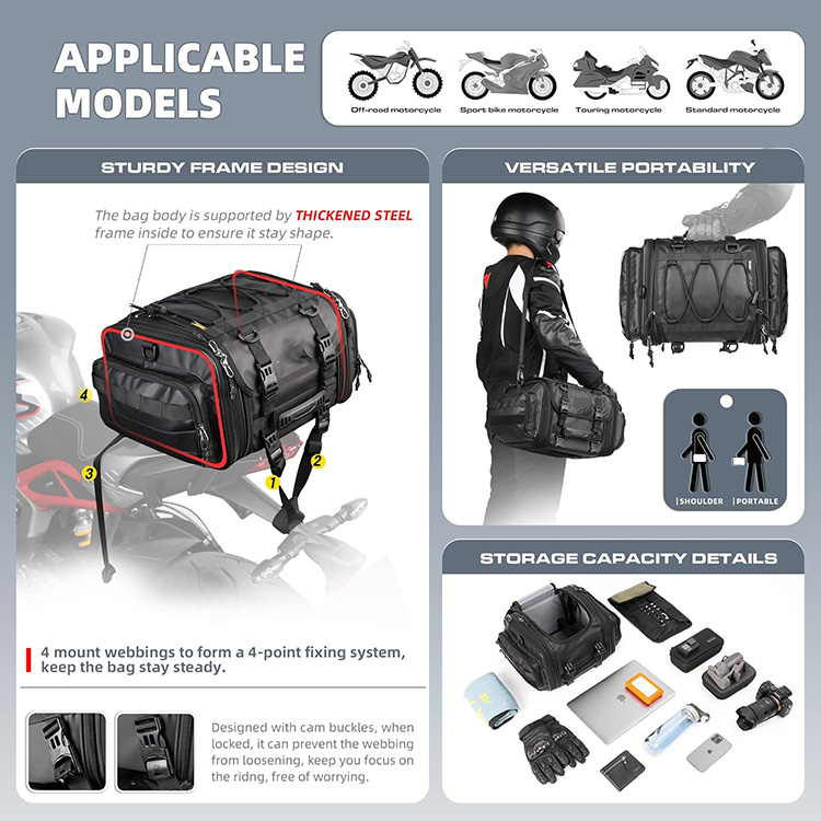 Large Capacity Expandable Waterproof Motorcycle Tail Bag with Molle Straps for Motorbike Touring Travel Outdoor Adventure Riding