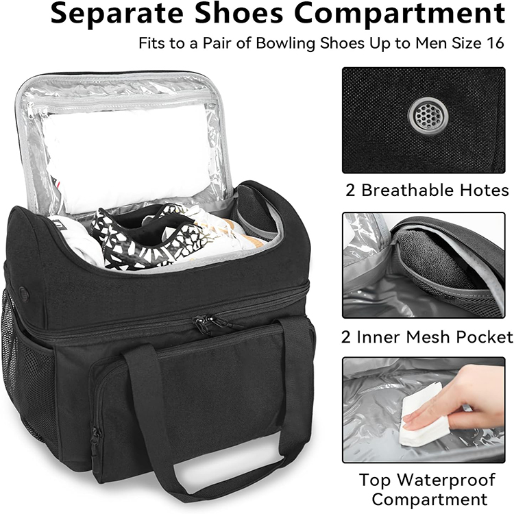 Heavy Duty Design 2 Balls Compartment Bowling Ball Bag with Waterproof and Breathable Shoe Compartment