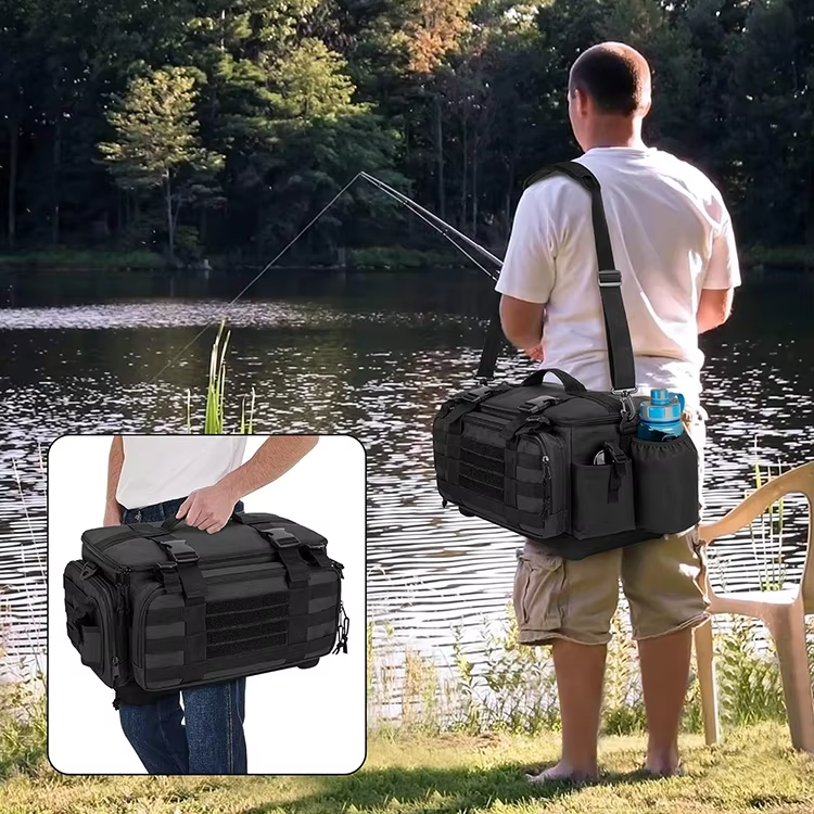 Large Capacity Outdoor Waterproof Fishing Box Bag With Non-Slip EVA Base and Rod Holder