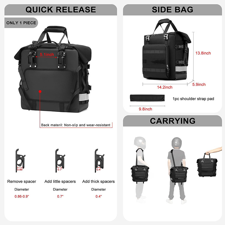 Large Capacity Reflective Motorcycle Saddle Bag with Rain Cover for Touring Travel Motorbike Outdoor Adventure