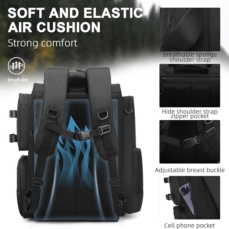 Lightweight Breathable Padded Fishing Tackle Backpack with built-in rod holder straps for outdoor lake freshwater fishing