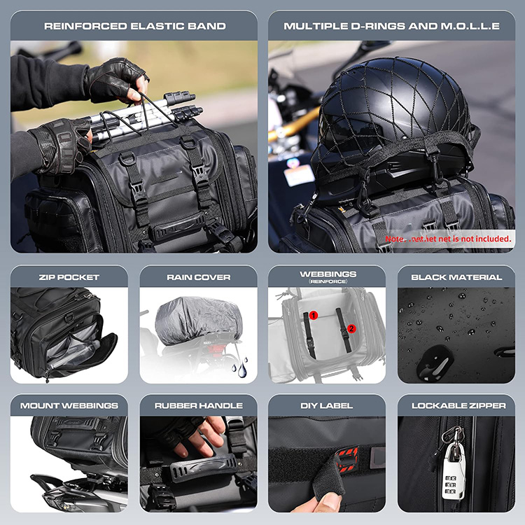 Large Capacity Expandable Waterproof Motorcycle Tail Bag with Molle Straps for Motorbike Touring Travel Outdoor Adventure Riding