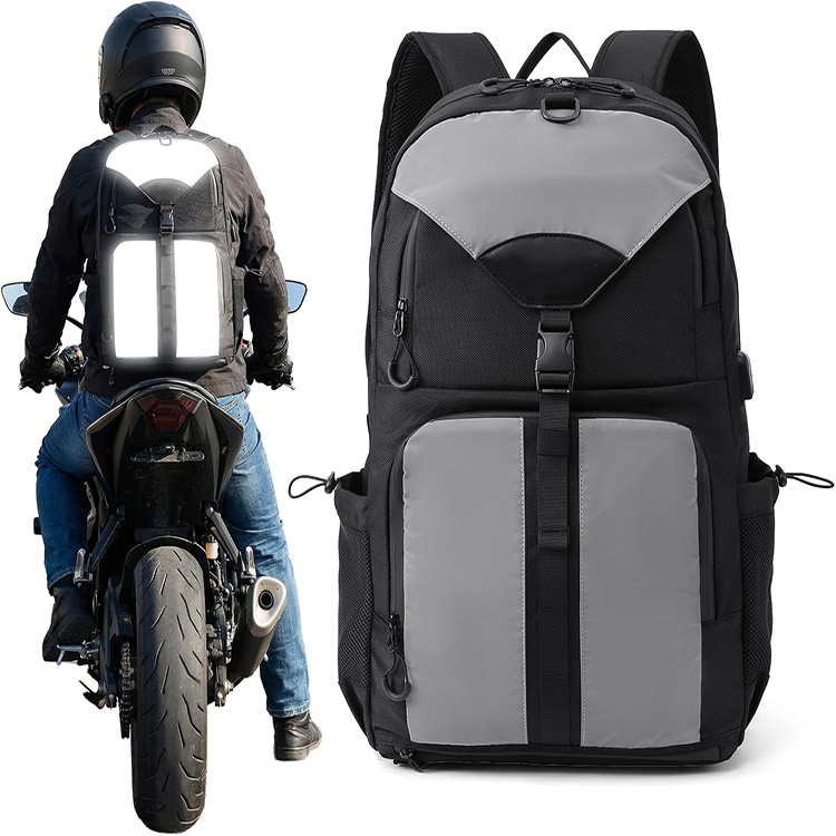 Reflective Water-Resistant Large Capacity Motorcycle Helmet Backpack with USB Port for Motorbike Racing Travel Outdoor Storage