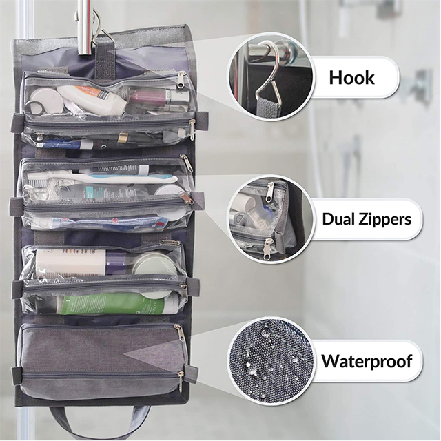 4-in-1Waterproof Roll Up Compact Cosmetic Kit with Hook Hanging Toiletry Bag(EPZ-582)