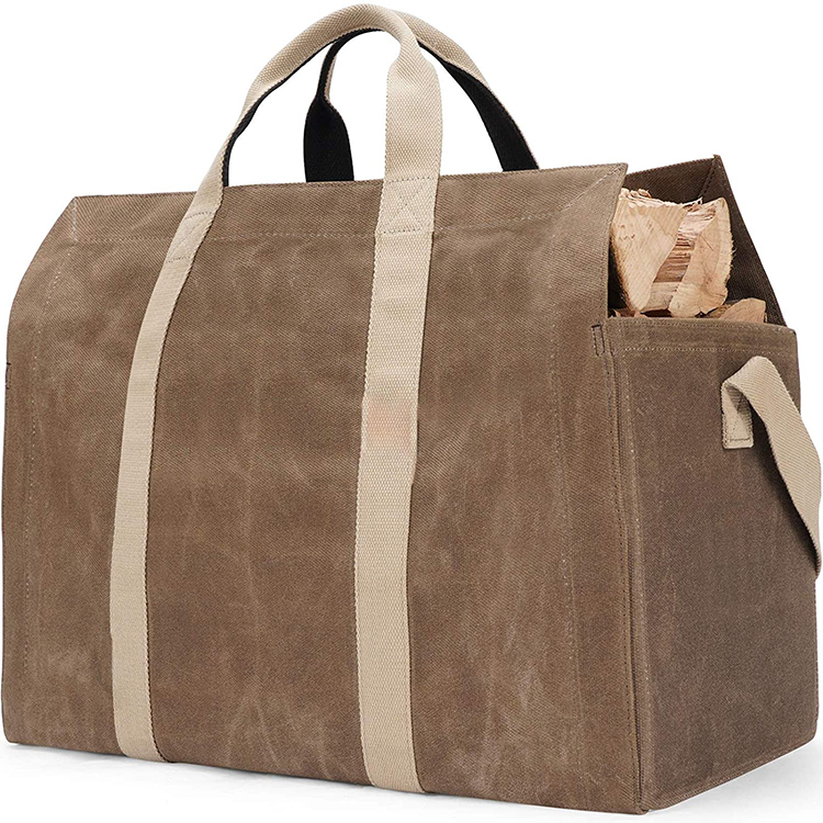 Best Selling Durable Large 22 oz Waxed Canvas Fire Wood Holder Tote Bag with Adjustable Shoulder Strap