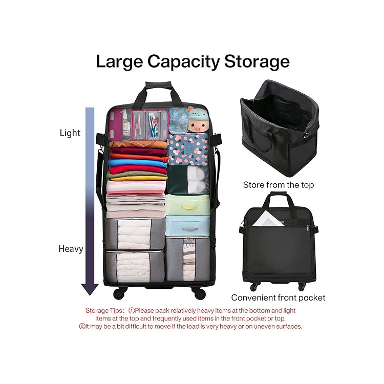 Expandable and Waterproof Collapsible Rolling Luggage Bag with Wear-resistant Wheels and Large Capacity for Travel