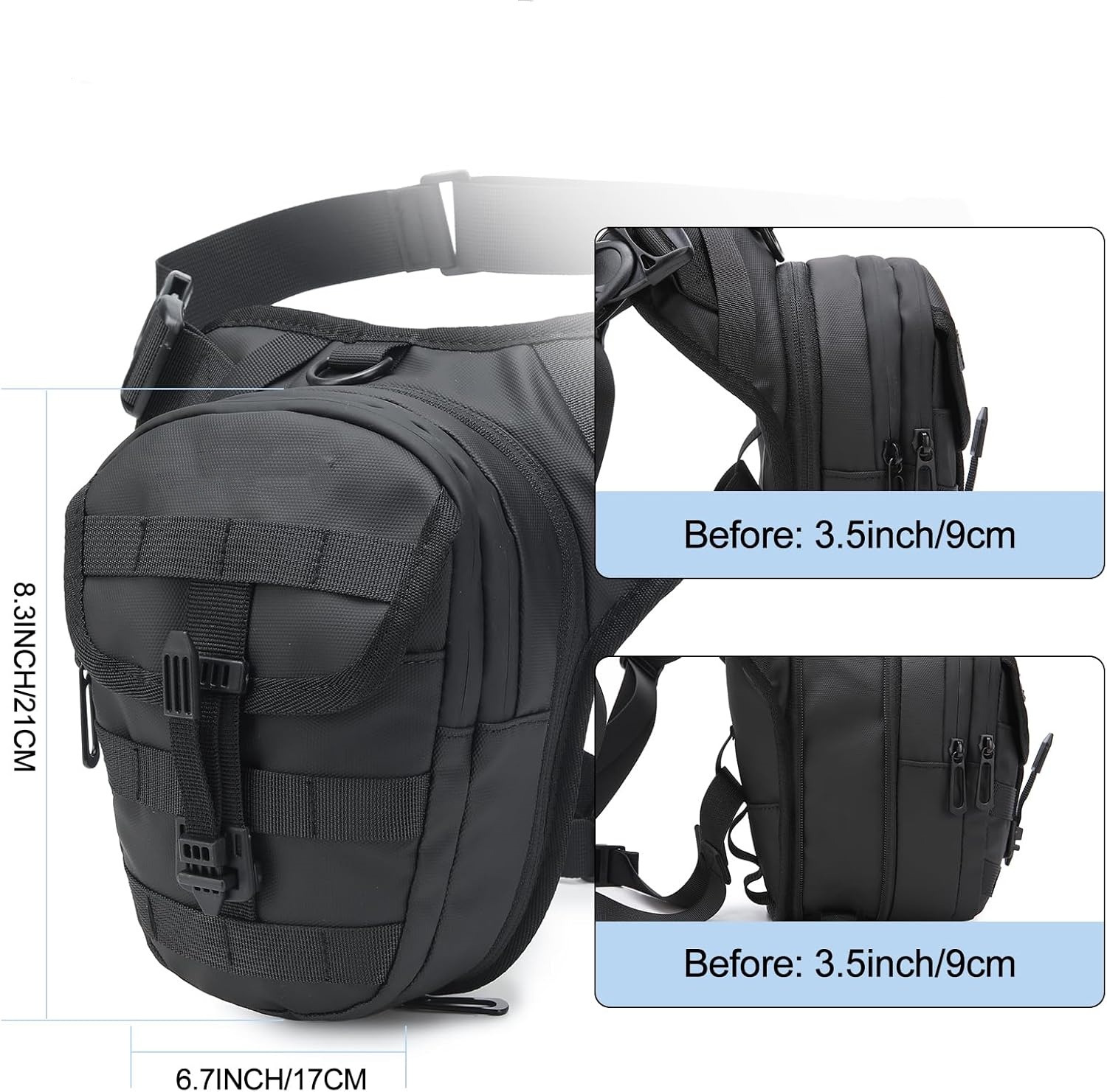 Motorcycle Riding Thigh Bag, Waterproof and Expandable Leg Bag with Adjustable Shoulder Strap, MOLLE System, 3-layer Storage