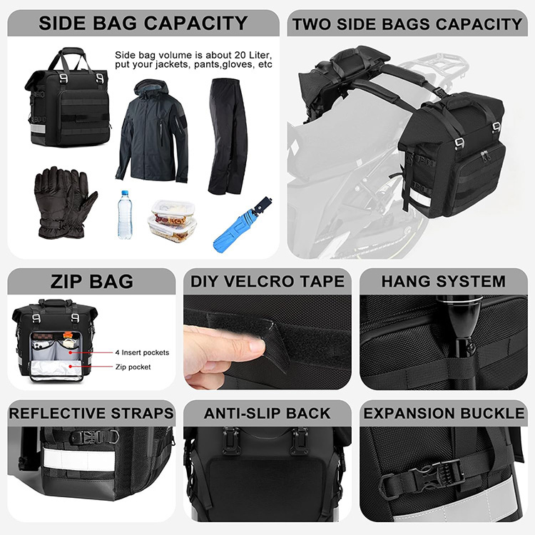 Large Capacity Reflective Motorcycle Saddle Bag with Rain Cover for Touring Travel Motorbike Outdoor Adventure