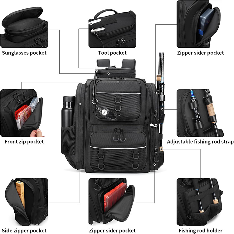 Lightweight Breathable Padded Fishing Tackle Backpack with built-in rod holder straps for outdoor lake freshwater fishing