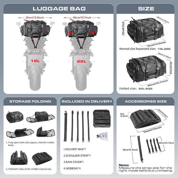 Large Capacity Expandable Waterproof Motorcycle Tail Bag with Molle Straps for Motorbike Touring Travel Outdoor Adventure Riding