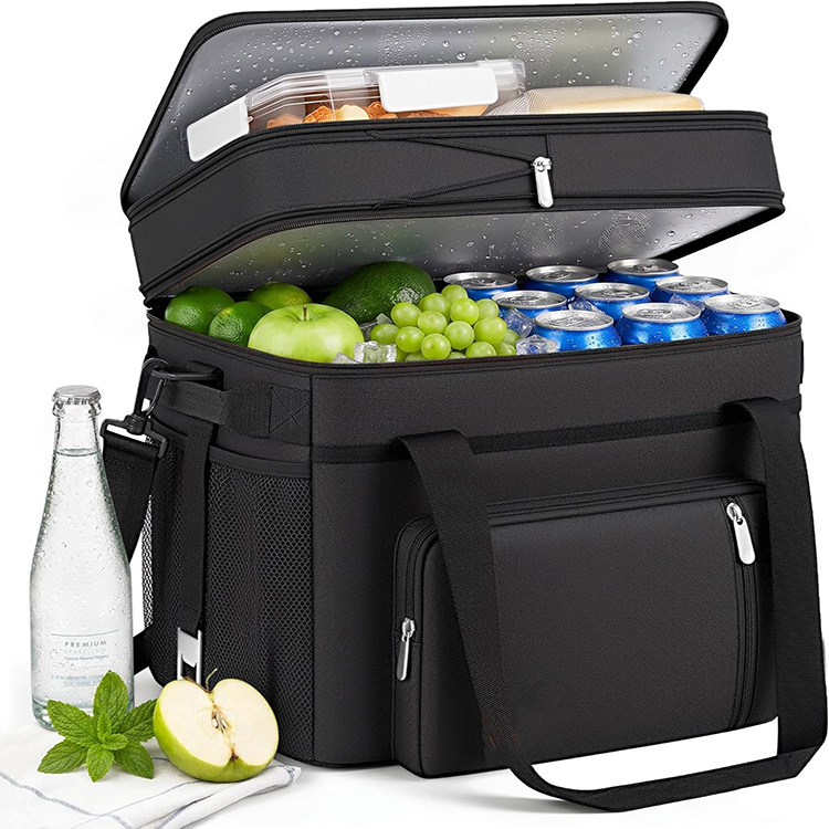 Double-Deck Large Capacity Insulated Cooler Bag with Separate Compartments for Hot Cold Food Camping Picnic Grocery