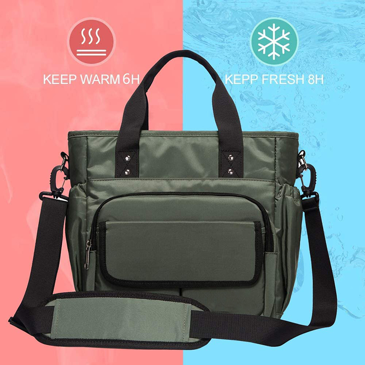 Well Designed Waterproof Green Portable Large Insulated Lunch Bag With Removable Shoulder Strap