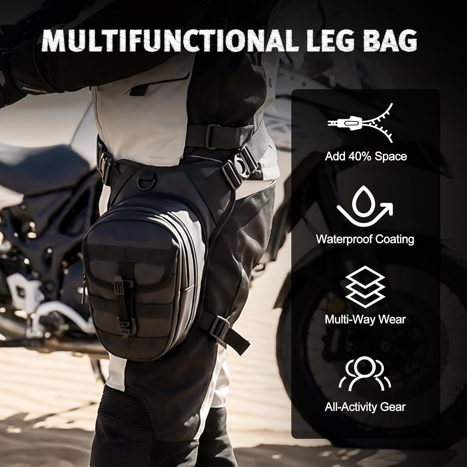 Motorcycle Riding Thigh Bag, Waterproof and Expandable Leg Bag with Adjustable Shoulder Strap, MOLLE System, 3-layer Storage