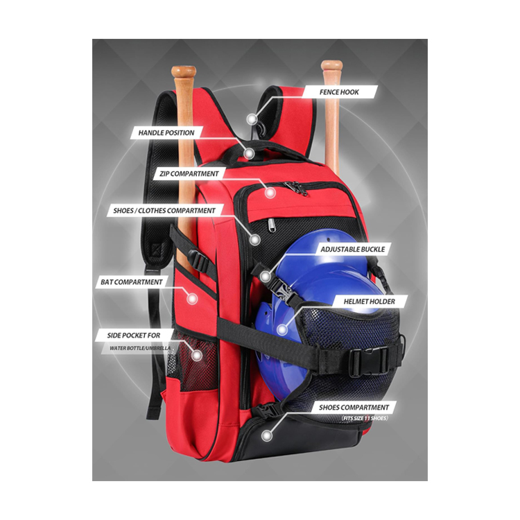 Durable Baseball Bat Equipment Backpack with Helmet Holder, Shoe Compartment and Fence Hook Holds