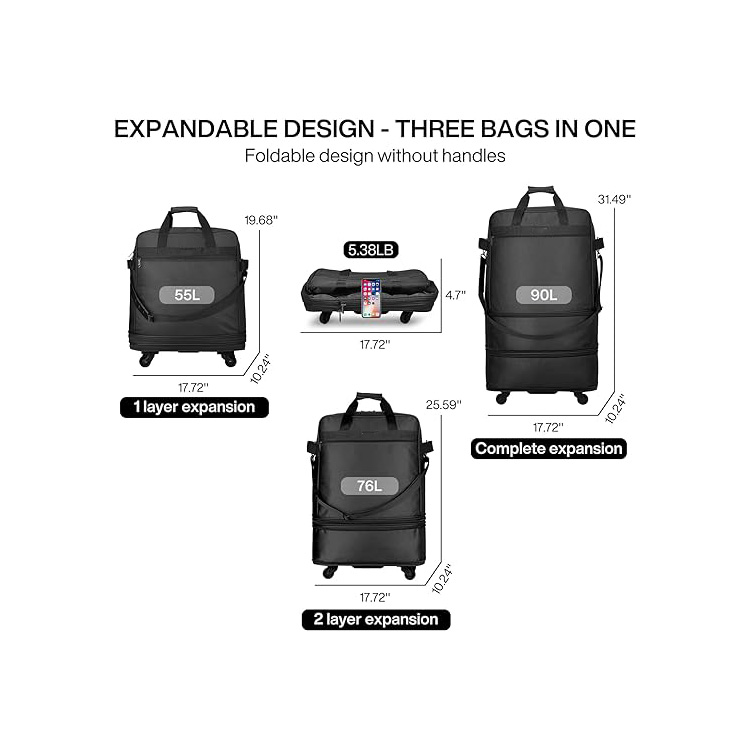 Expandable and Waterproof Collapsible Rolling Luggage Bag with Wear-resistant Wheels and Large Capacity for Travel