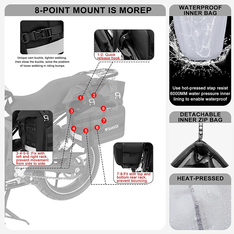 Large Capacity Reflective Motorcycle Saddle Bag with Rain Cover for Touring Travel Motorbike Outdoor Adventure