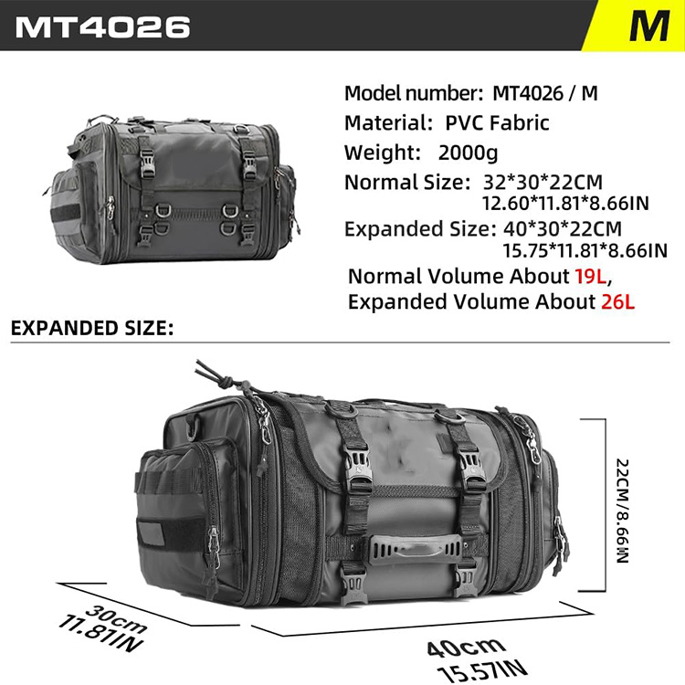 Large Capacity Expandable Waterproof Motorcycle Tail Bag with Molle Straps for Motorbike Touring Travel Outdoor Adventure Riding