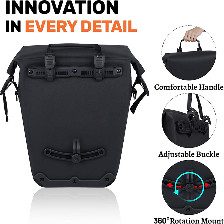 Waterproof Roll-Top Bike Pannier Bag with Reflective Details for Cycling Commuting Touring Travel