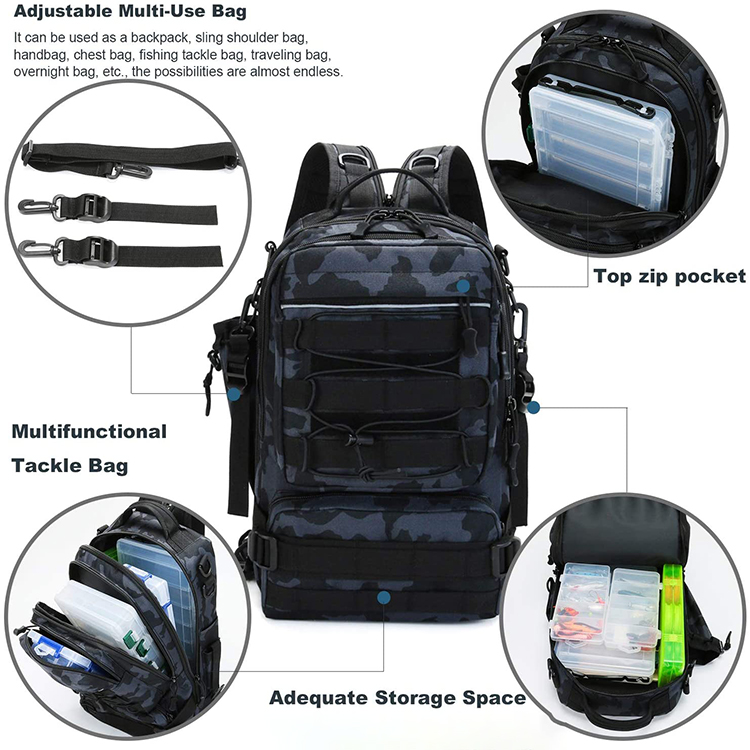 Hot Selling Camouflage Nylon Durable Waterproof Fishing Tackle Bag with Rod Holder And Box