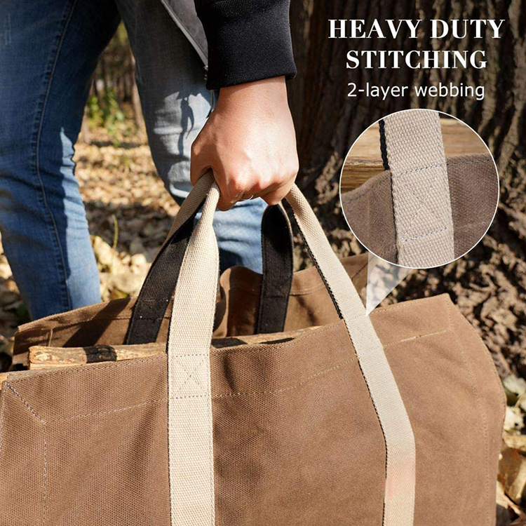 Best Selling Durable Large 22 oz Waxed Canvas Fire Wood Holder Tote Bag with Adjustable Shoulder Strap