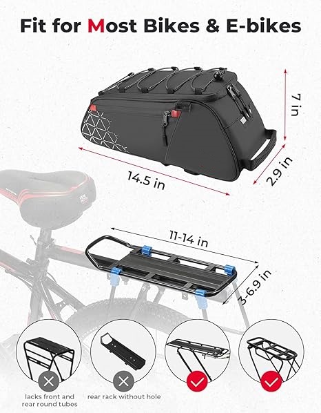 Rear Bike Rack Bag - 8L PVC Water Resistant Ebike Bags for Bicycle Rear Rack, Bicycle Trunk Pannier for Cycling