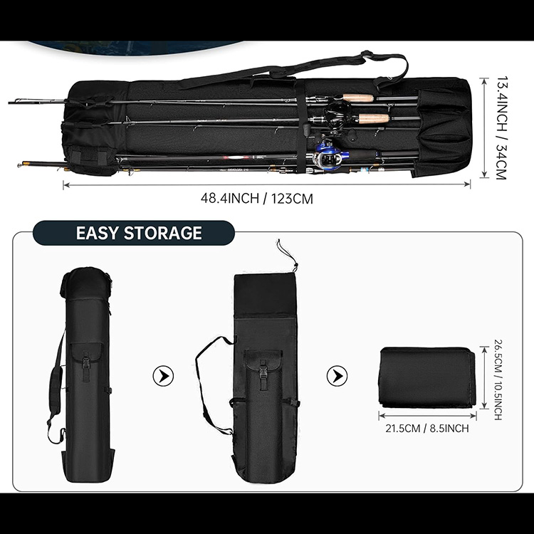 600D Oxford Multi-Purpose Waterproof Large Capacity Fishing Rod Bag with Zipper Closure for Travel Outdoor Baitcasting Spinning