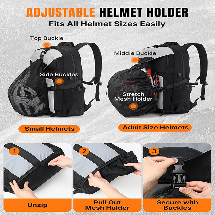 Reflective Water-Resistant Large Capacity Motorcycle Helmet Backpack with USB Port for Motorbike Racing Travel Outdoor Storage