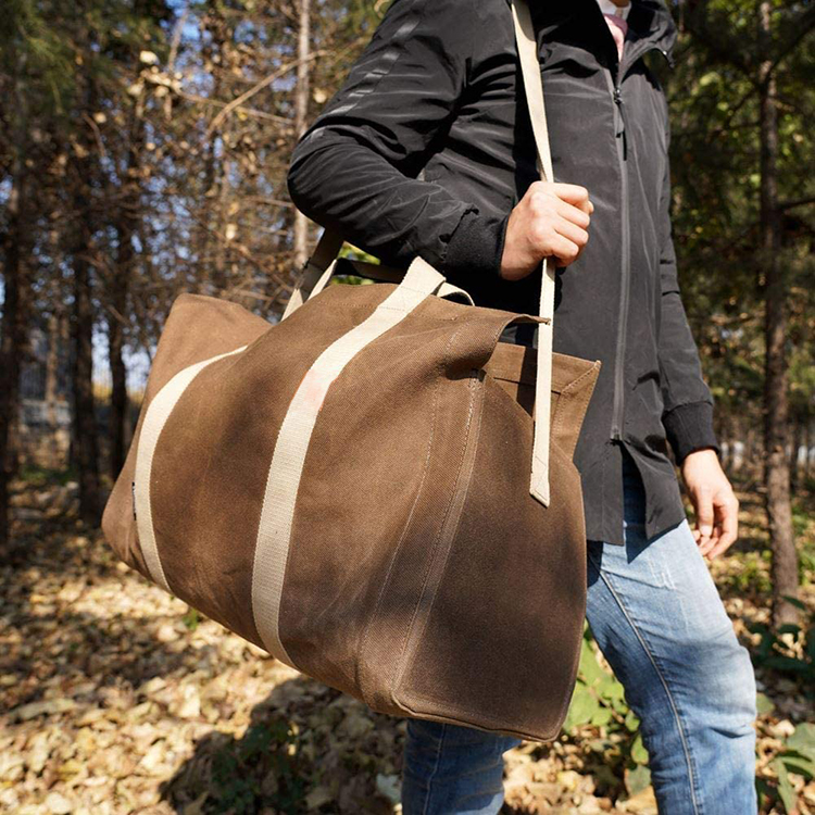 Best Selling Durable Large 22 oz Waxed Canvas Fire Wood Holder Tote Bag with Adjustable Shoulder Strap
