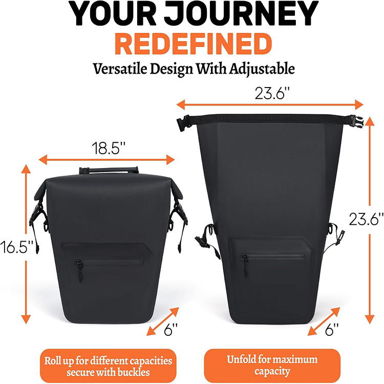Waterproof Roll-Top Bike Pannier Bag with Reflective Details for Cycling Commuting Touring Travel