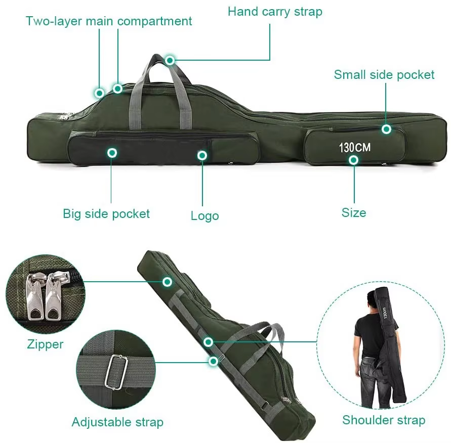 Water-resistant 3 layer Army Green Large Capacity Fishing Rod Reel Storage Bag