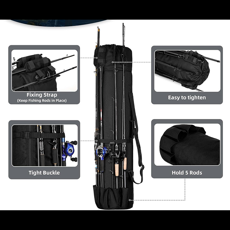 600D Oxford Multi-Purpose Waterproof Large Capacity Fishing Rod Bag with Zipper Closure for Travel Outdoor Baitcasting Spinning