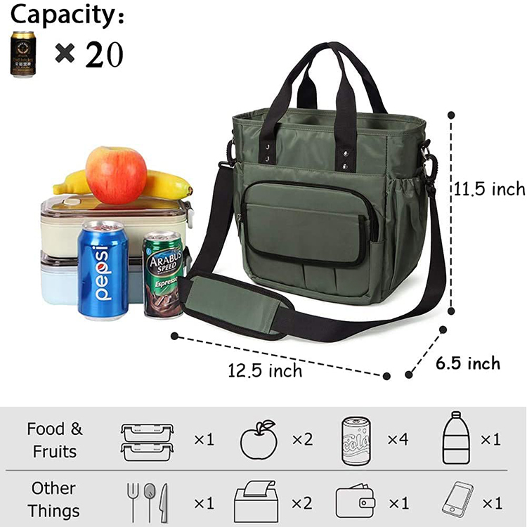 Well Designed Waterproof Green Portable Large Insulated Lunch Bag With Removable Shoulder Strap
