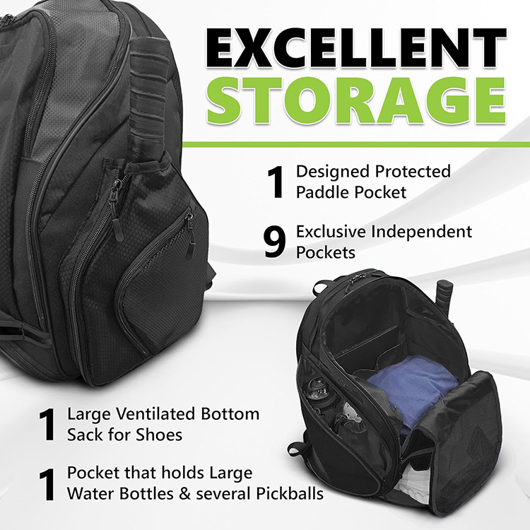 Stylish Unisex Design Large Pickleball Paddle Backpack with Padded Paddle Pockets and Large Bottom Sack for Shoes