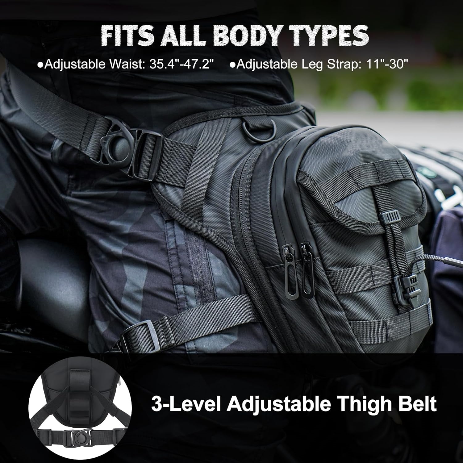 Motorcycle Riding Thigh Bag, Waterproof and Expandable Leg Bag with Adjustable Shoulder Strap, MOLLE System, 3-layer Storage