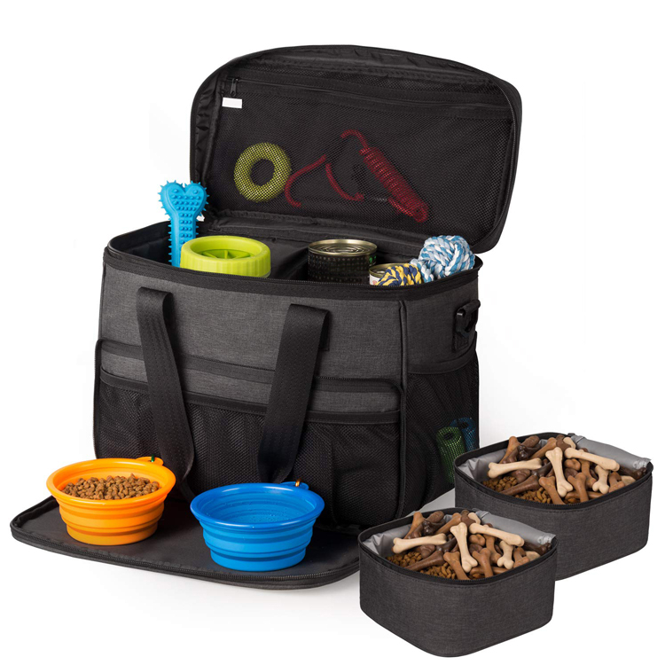 Custom Logo Pet Food Weekend Tote Dog Travel Bag with 2 Bowls (EP-TB311)